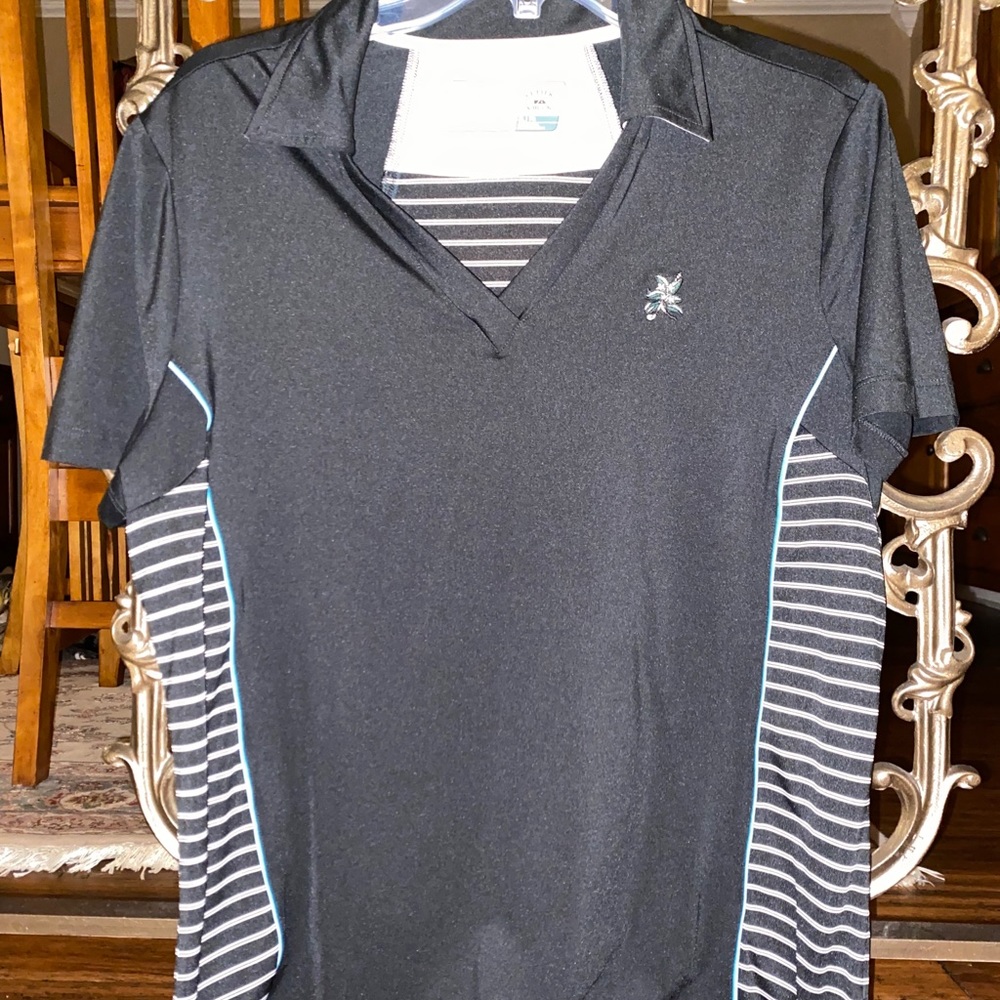 Black and white striped athletic polo